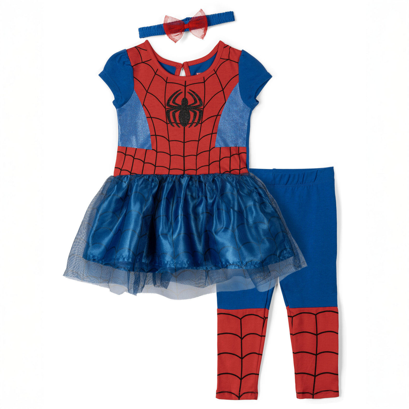 Marvel Spiderman and Captain America Girls' Costume Dress, Leggings and Headband Set (0-6 Months, Spiderman)